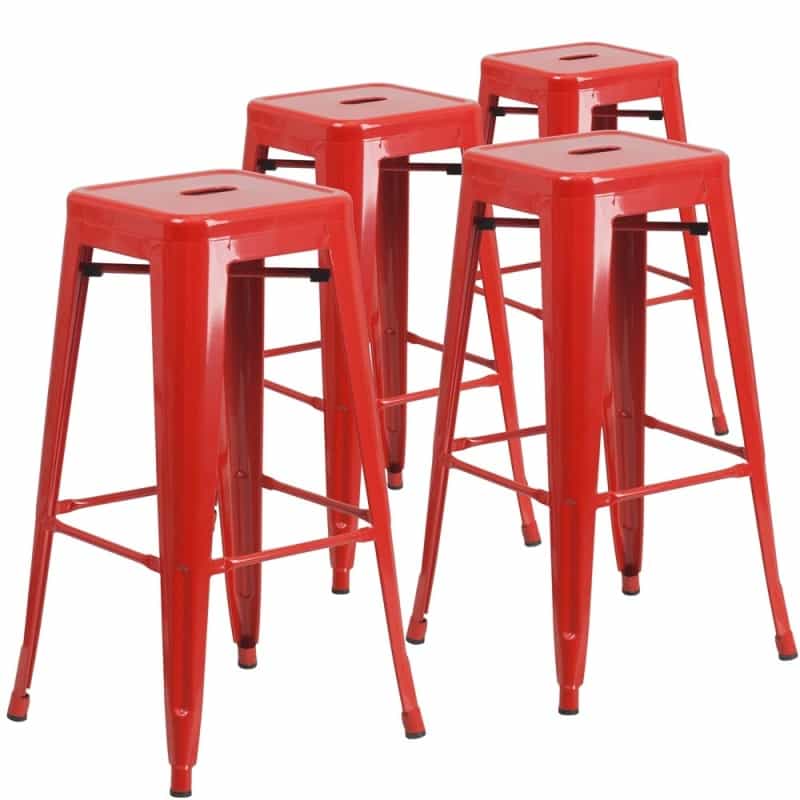 4 Pk. 30'' High Backless Red Metal Indoor-Outdoor Barstool With Square Seat