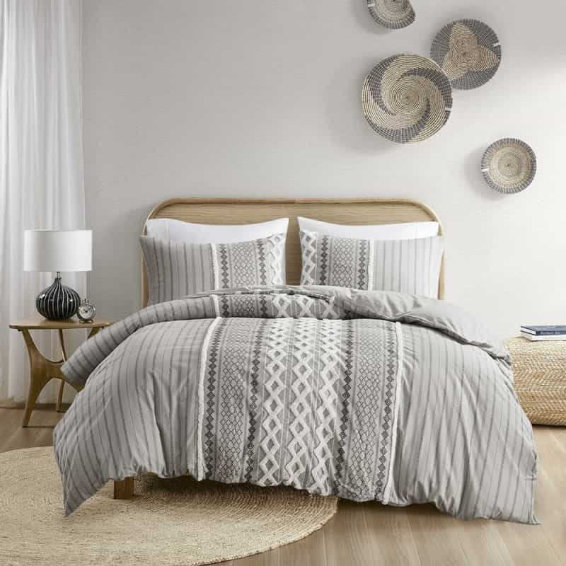Cotton Printed Duvet Cover Set With Chenille
