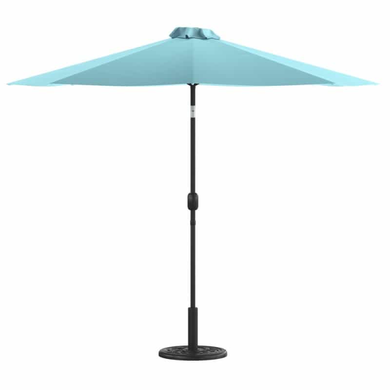 Teal 9 Ft Round Umbrella With Crank And Tilt Function And Standing Umbrella Base