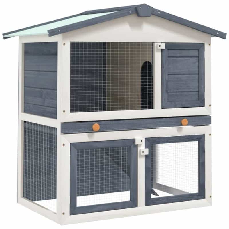 Rabbit Hutch Grey And White Solid Pine Wood, Powder-Coated Iron Mesh