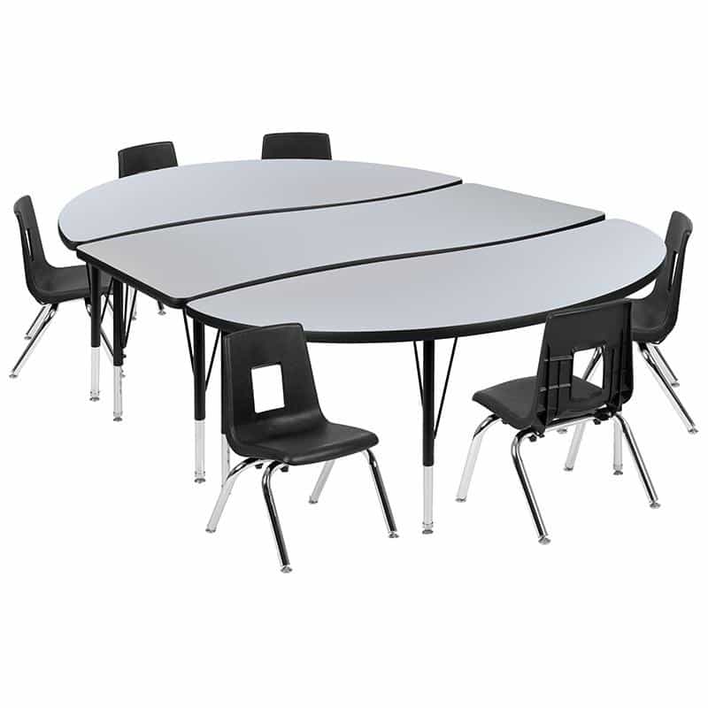 86" Oval Wave Activity Table Set With 12" Student Stack Chairs, Grey/Black