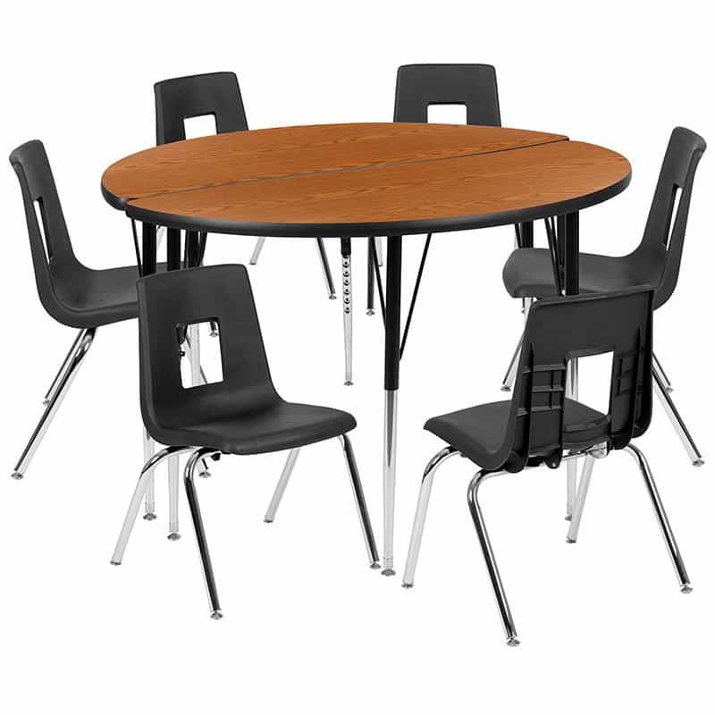 47.5" Circle Wave Activity Table Set With 18" Student Stack Chairs, Oak/Black