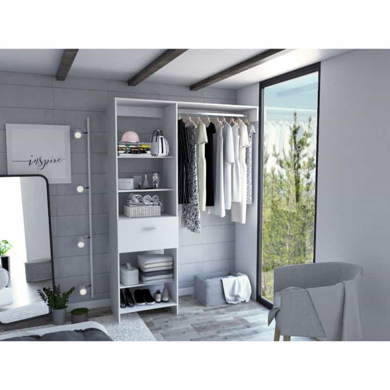 Depot E-Shop Dynamic Closet System, Five Open Shelves, One Drawer, One Metal Rod-White, For Bedroom