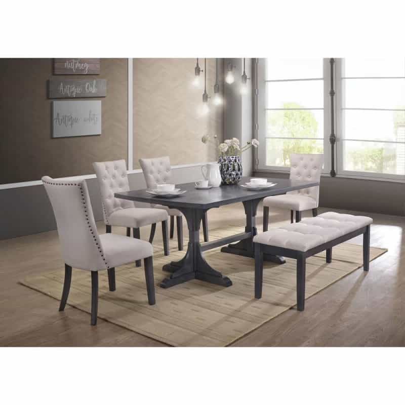 Classic 6Pc Dining Set With Weathered Gray Dining Table, Uph Bench & Side Chairs Tufted & Nailhead Trim, Beige