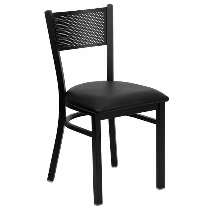 Black Grid Back Metal Restaurant Chair - Black Vinyl Seat