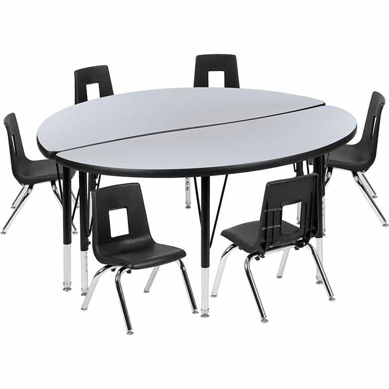 47.5" Circle Wave Activity Table Set With 14" Student Stack Chairs, Grey/Black