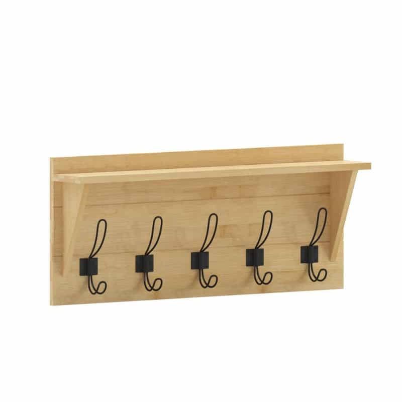 Wall Mounted 24 In Brown Solid Pine Wood Storage Rack With 5 Hooks