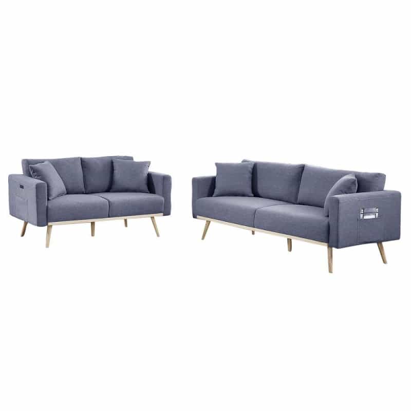 Easton Dark Gray Linen Fabric Sofa Loveseat Living Room Set With Usb Charging Ports Pockets & Pillows
