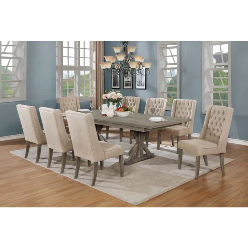 Classic Extension Dining 9 Piece Set W/18"Center Leaf, 8 Tufted Chairs In Beige Linen