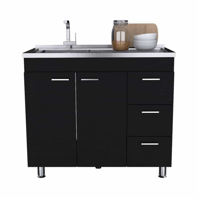Base Double Door Cabinet, Three Drawers, Black