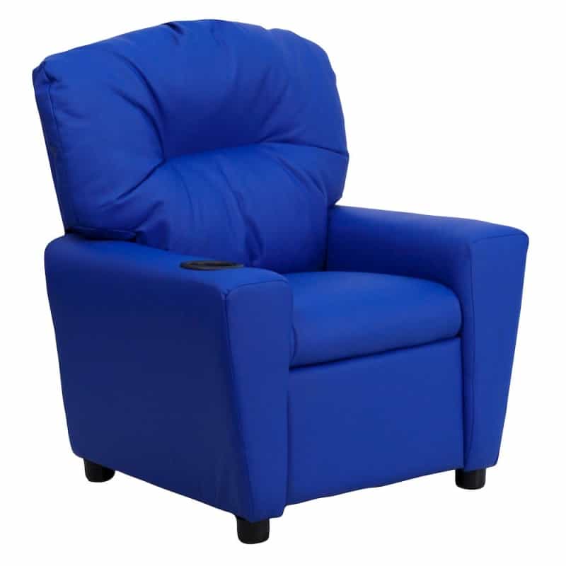 Contemporary Blue Vinyl Kids Recliner With Cup Holder