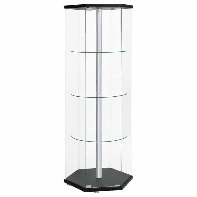 Zahavah 4-Shelf Hexagonal Clear Glass Curio Cabinet Black