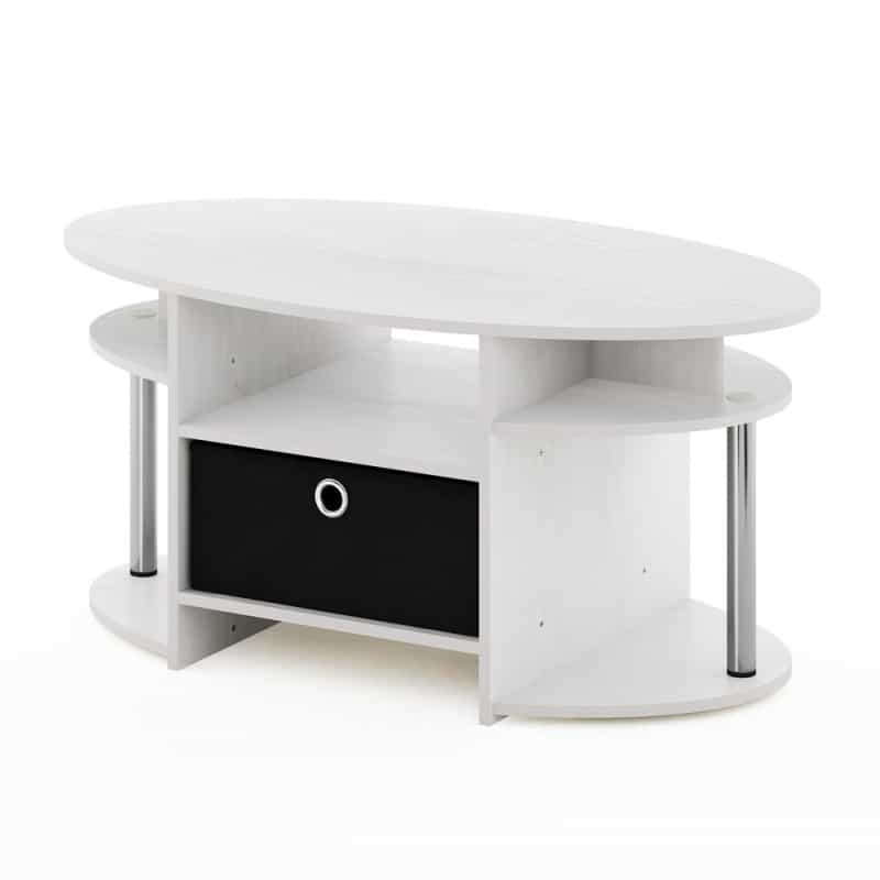 Jaya Simple Design Oval Coffee Table With Bin, White Oak, Stainless Steel Tubes