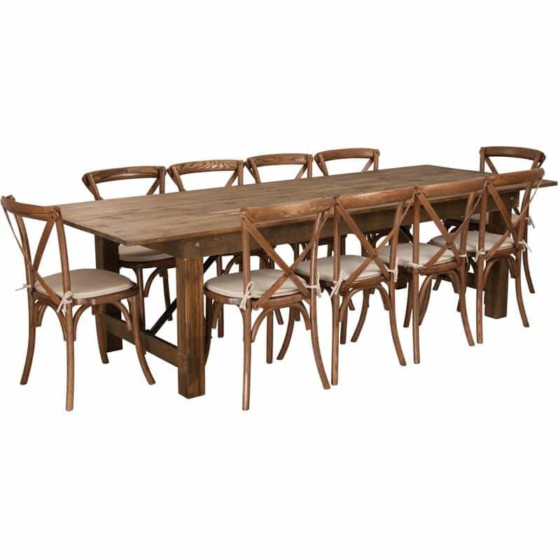 9' X 40'' Antique Folding Farm Table Set With 10 Cross Back Chairs And Cushions