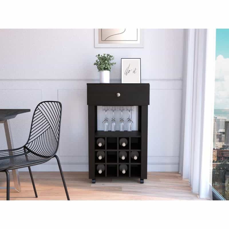 Depot E-Shop Margh Bar Cart, Twelve Wine Cubbies, Four Legs, One Open Shelf, Countertop- Black, For Kitchen