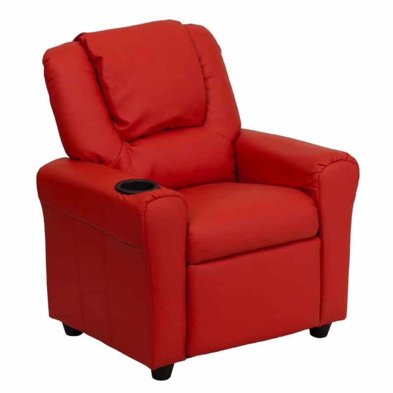 Contemporary Red Vinyl Kids Recliner With Cup Holder And Headrest