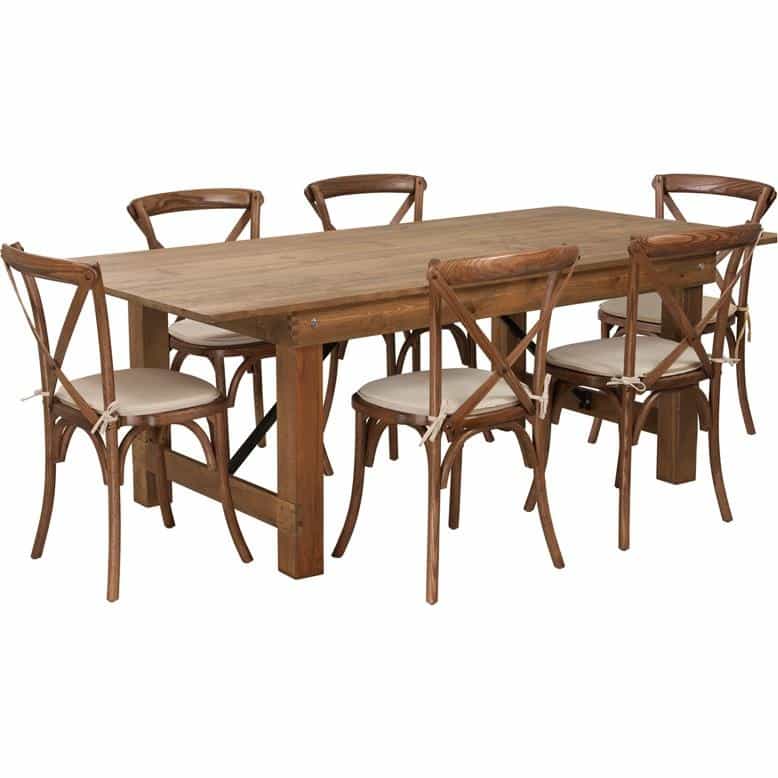 7' X 40'' Antique Folding Farm Table Set With 6 Cross Back Chairs And Cushions
