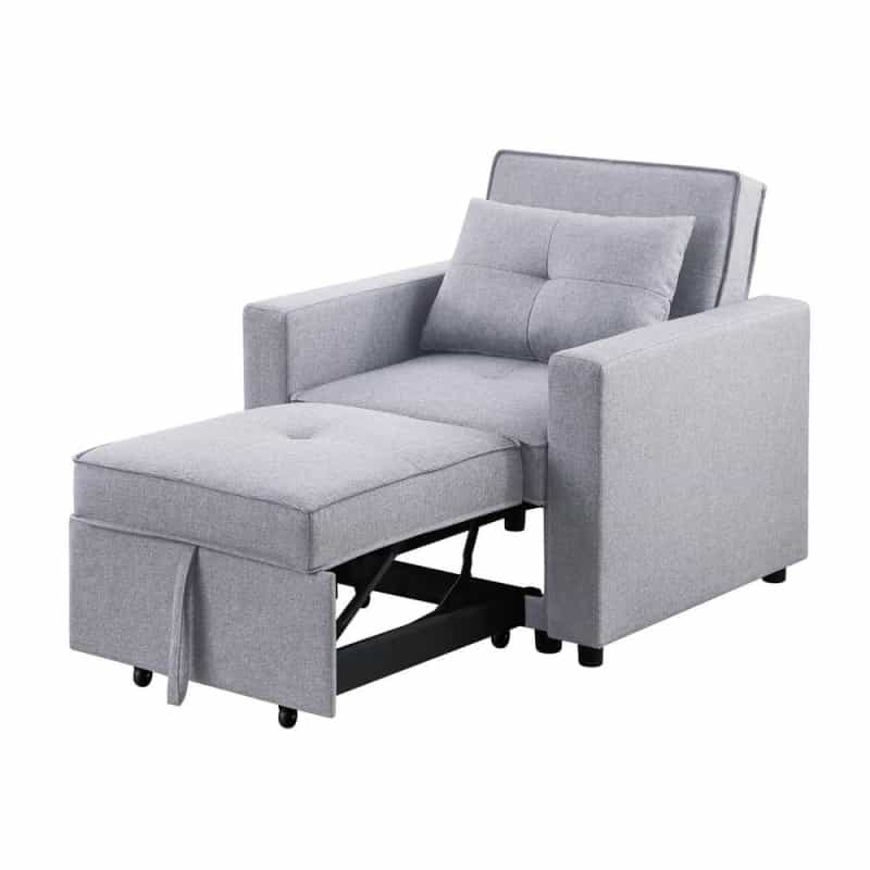 Zoey Light Gray Linen Convertible Sleeper Chair With Side Pocket