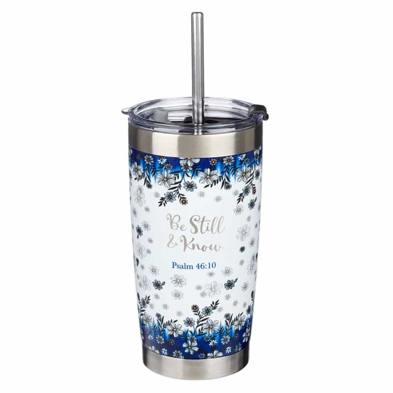 Mug Ss Travel White/Navy Floral Be Still Ps. 46:10
