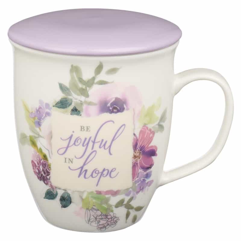 Mug With Lid Purple/White Floral Be Joyful In Hope Rom. 12:12