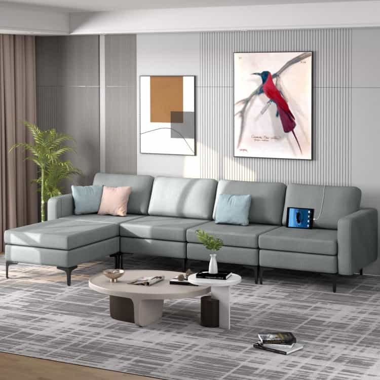 1/2/3/4-Seat Convertible Sectional Sofa With Reversible Ottoman-4-Seat L-Shaped With 2 Usb Ports