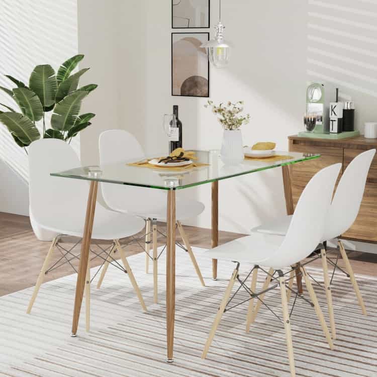 Modern Glass Rectangular Dining Table With Metal Legs-Natural