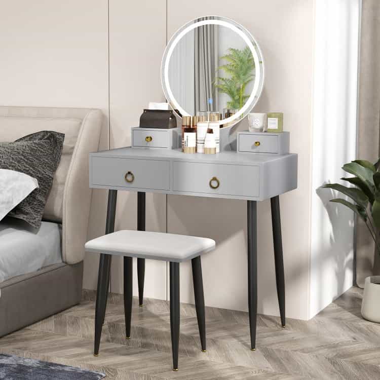Vanity Table Set With Mirror-Gray