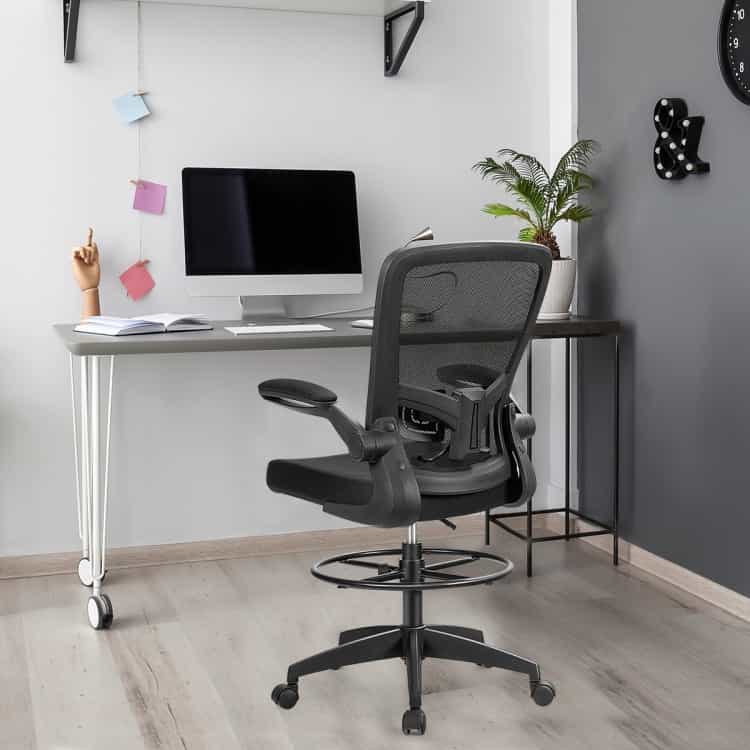 Height Adjustable Drafting Chair With Flip Up Arms-Black