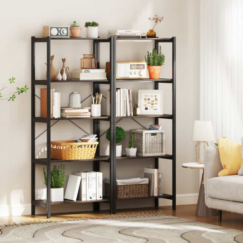 5-Tier Industrial Bookshelf Display Storage Rack With Metal Frame-Gray