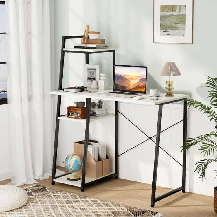 Compact Computer Desk Workstation With 4 Tier Shelves For Home And Office-White