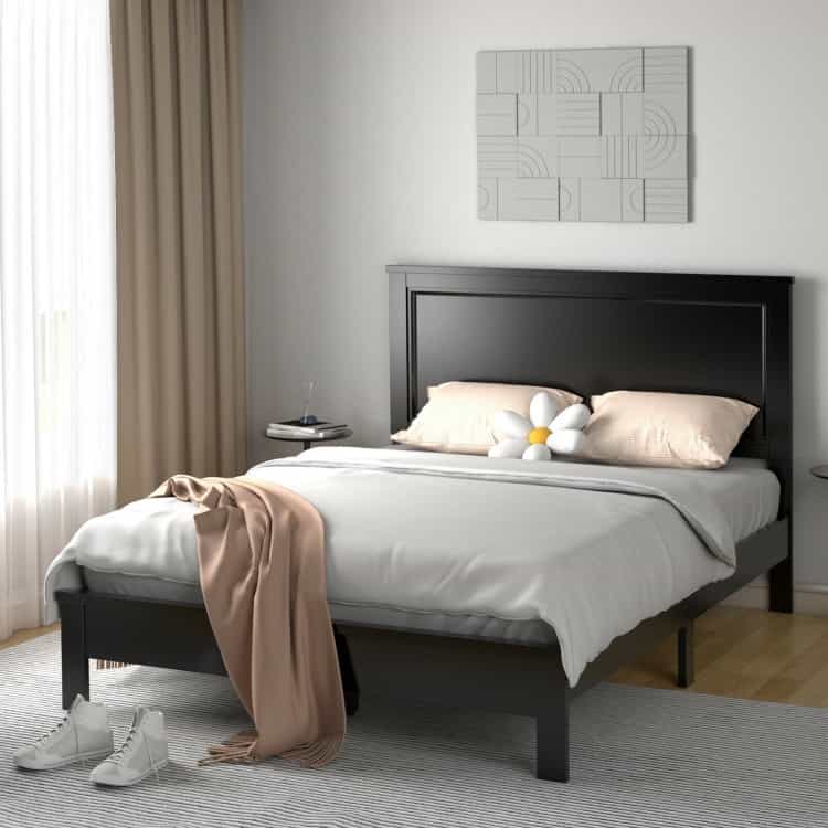 Queen Size Bed Frame Platform Slat High Headboard Bedroom With Rubber Wood Leg-Black