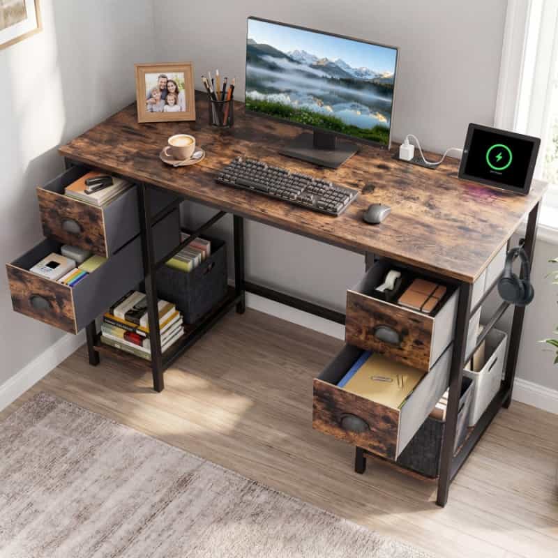 48 Inches Computer Desk With Power Outlet Home Office Desk With 4 Fabric Drawers-Brown
