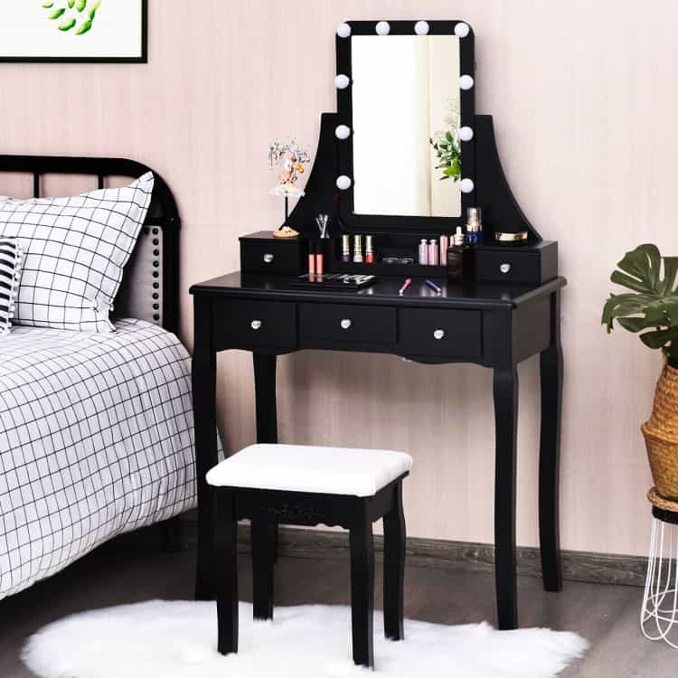 10 Dimmable Light Bulbs Vanity Dressing Table With 2 Dividers And Cushioned Stool-Black
