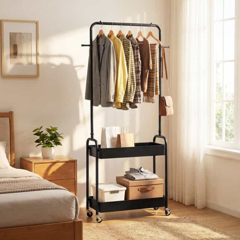 Heavy-Duty Laundry Cart With Hanging Rod And 2 Storage Baskets For Bedroom-Black