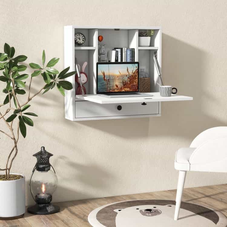 Wall-Mount Floating Desk Foldable Space Saving Laptop Workstation White