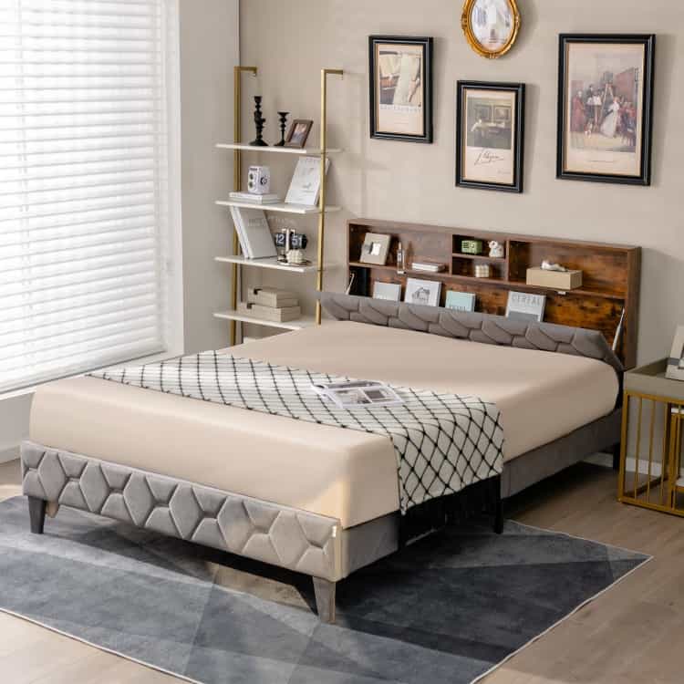 Full/Queen Size Upholstered Bed Frame With Storage Headboard-Full Size