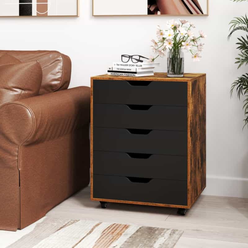 5 Drawer Mobile Lateral Filing Storage Home Office Floor Cabinet With Wheels-Rustic Brown