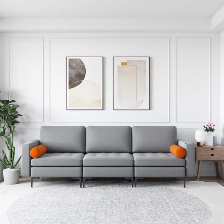 Modular 3-Seat Sofa Couch With Socket Usb Ports And Side Storage Pocket-Gray