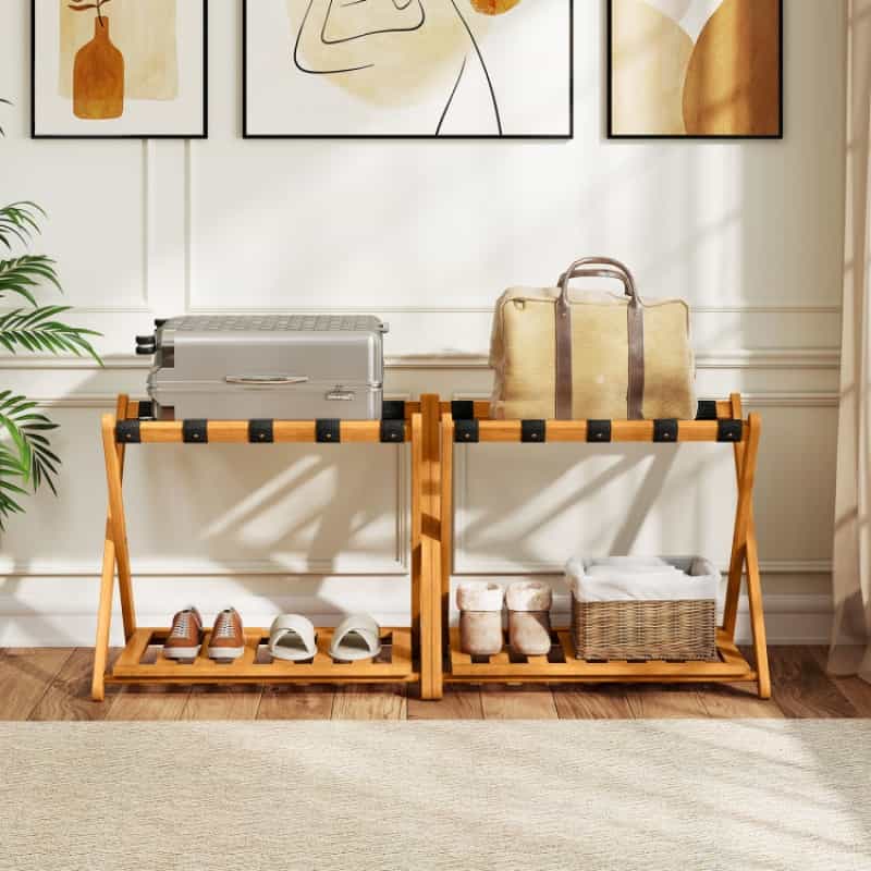 Set Of 2 Folding Luggage Racks With 5 Nylon Straps And Slatted Storage Shelf
