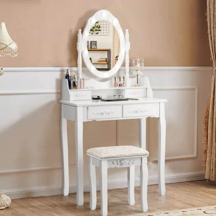 Makeup Vanity Dressing Table Set With Dimmable Bulbs Cushioned Stool-White