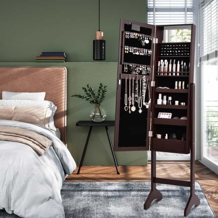 Mirrored Jewelry Cabinet Armoire Organizer W/ Led Lights-Brown