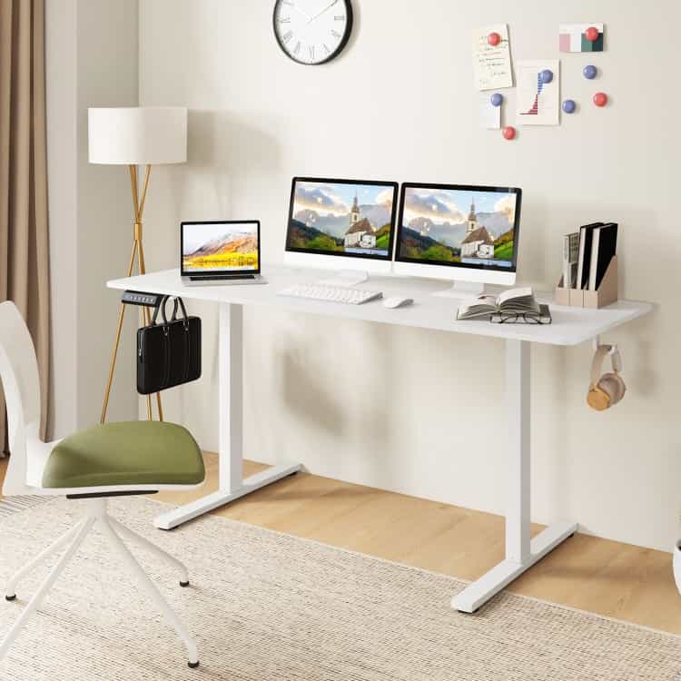 Electric Standing Desk With 3 Memory Heights And 2 Hanging Hooks And Cable Holes-White