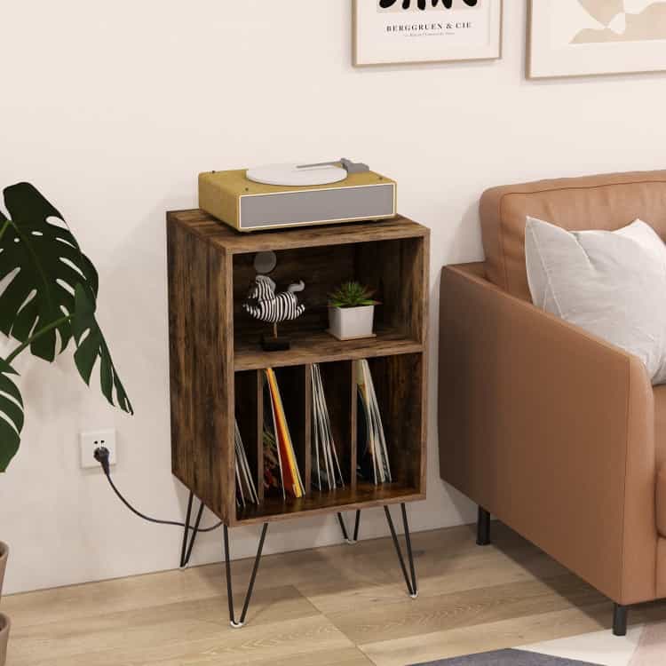 Record Player Stand With Charging Station For Living Room Bedroom-Rustic Brown