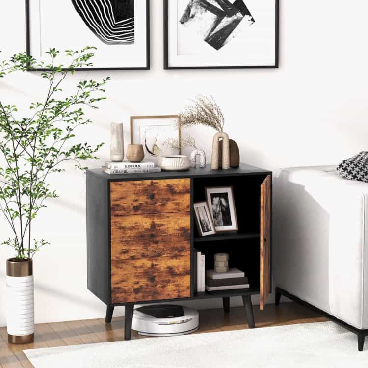 Mid-Century Wood Storage Cabinet With Door And 3 Drawers