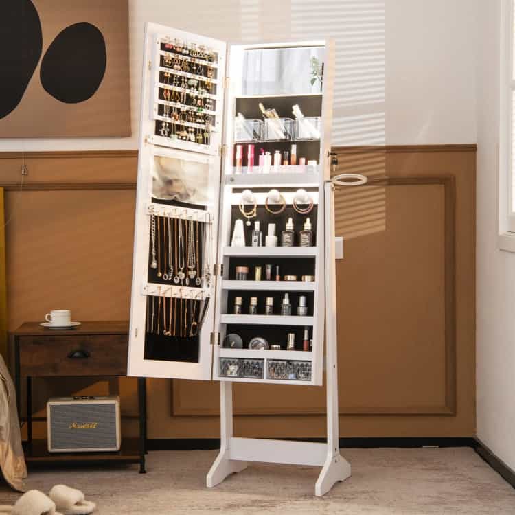 Freestanding Jewelry Cabinet With Full Length Hd Mirror-White