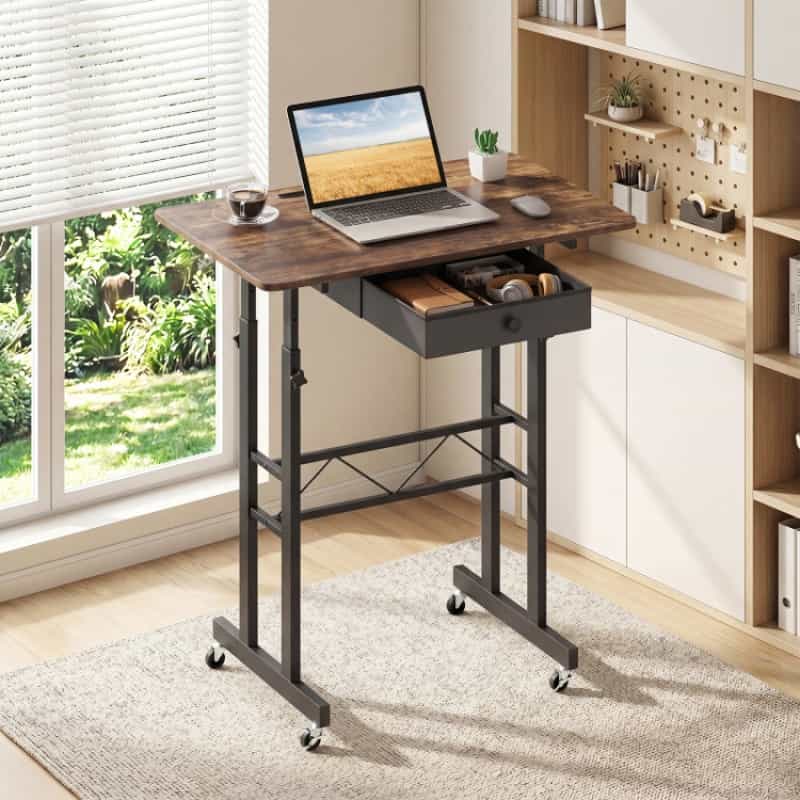 Height Adjustable Laptop Desk With Fabric Drawer Tablet Holder And Lockable Wheels-Rustic Brown