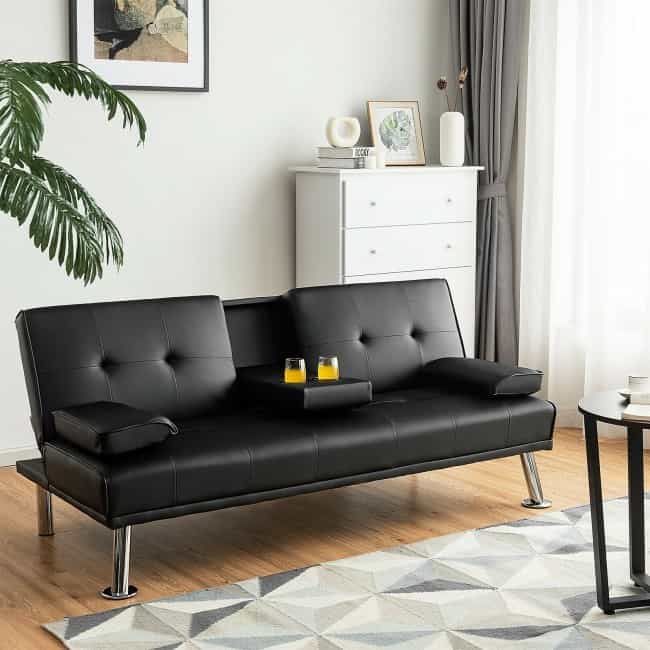 Convertible Folding Leather Futon Sofa With Cup Holders And Armrests
