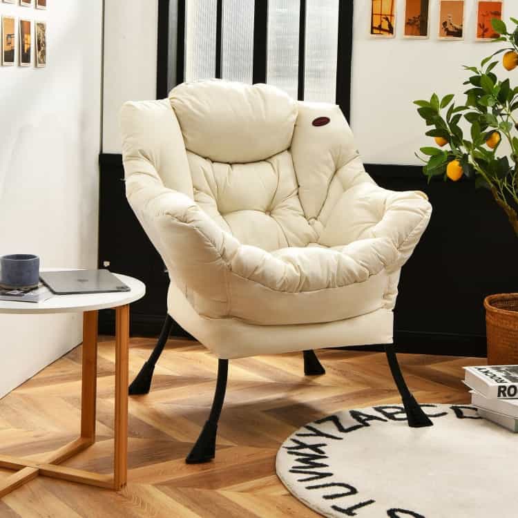Modern Polyester Fabric Lazy Chair With Steel Frame And Side Pocket-Beige
