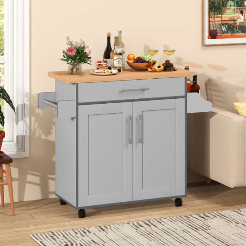 Rolling Kitchen Island Cart With Towel And Spice Rack-Gray