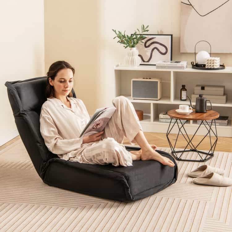 Folding Floor Chair Convertible Lazy Chair With 14-Poistion Adjustable Backrest-Black